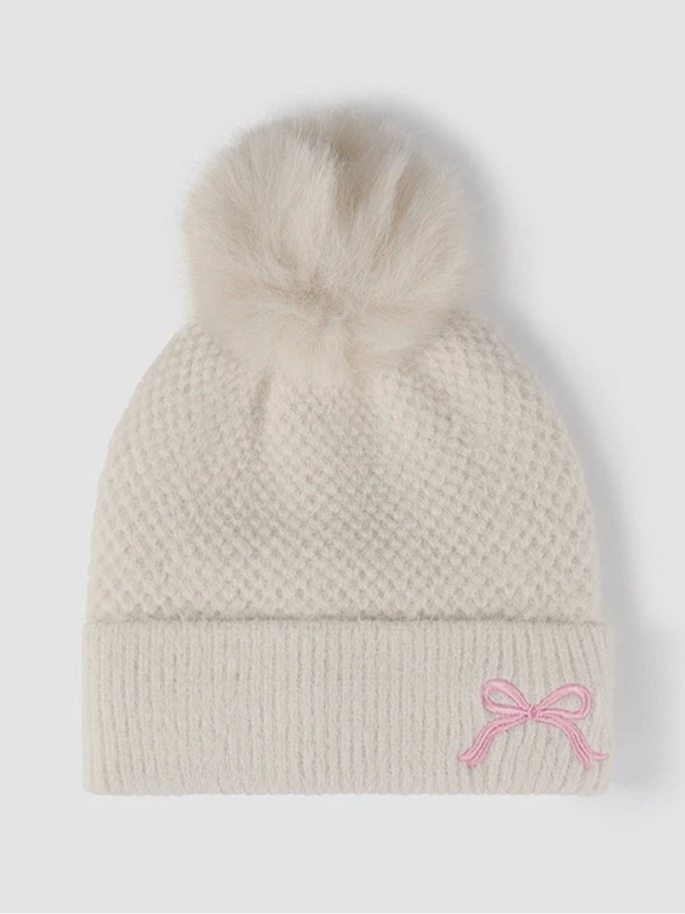 Cream Knit Women's Pom Beanie with Pink Bow Accent
